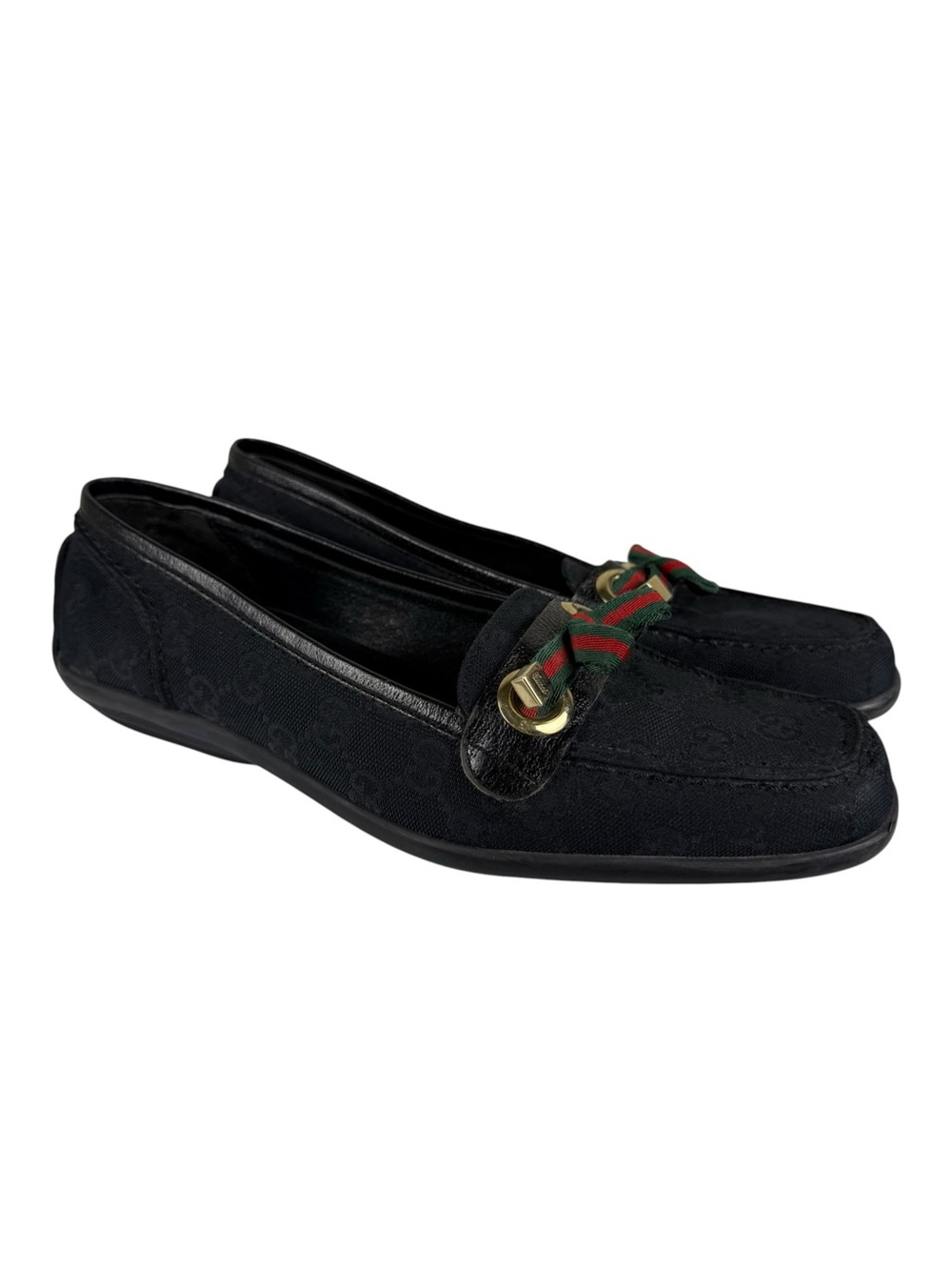 Gucci Authentic Marmont Cloth GG Canvas Black Loafers Red Green Bow Sz 37.5